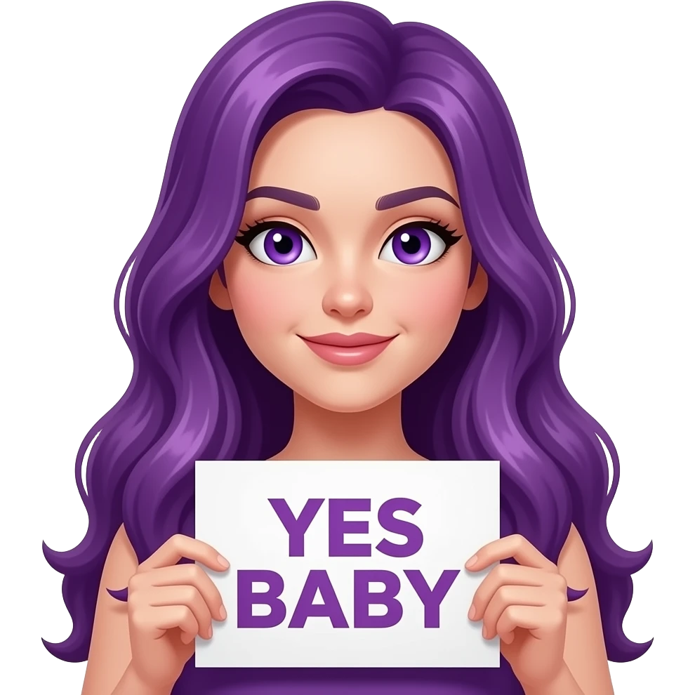 sexy girl with long purple hair and purple eyes holding a YES BABY sign emoji