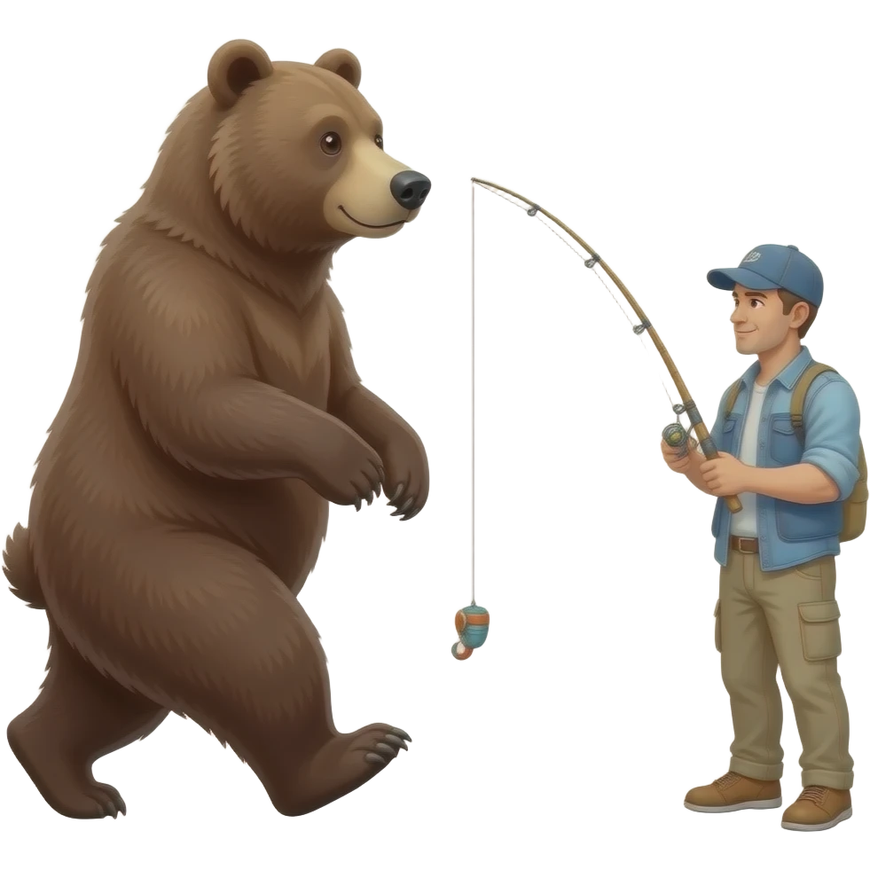 bear standing on 2 legs walking towards a man fishing emoji
