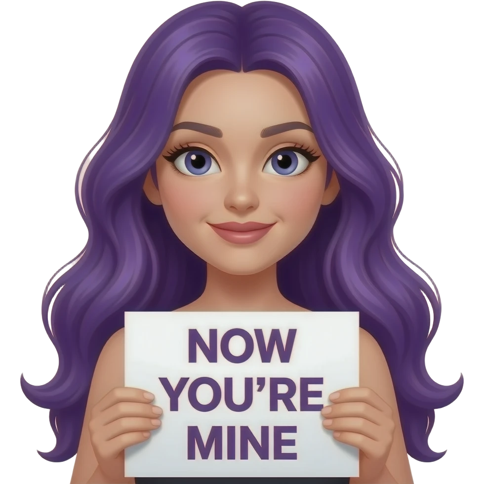 sexy girl with long purple hair holding a NOW YOU'RE MINE sign emoji