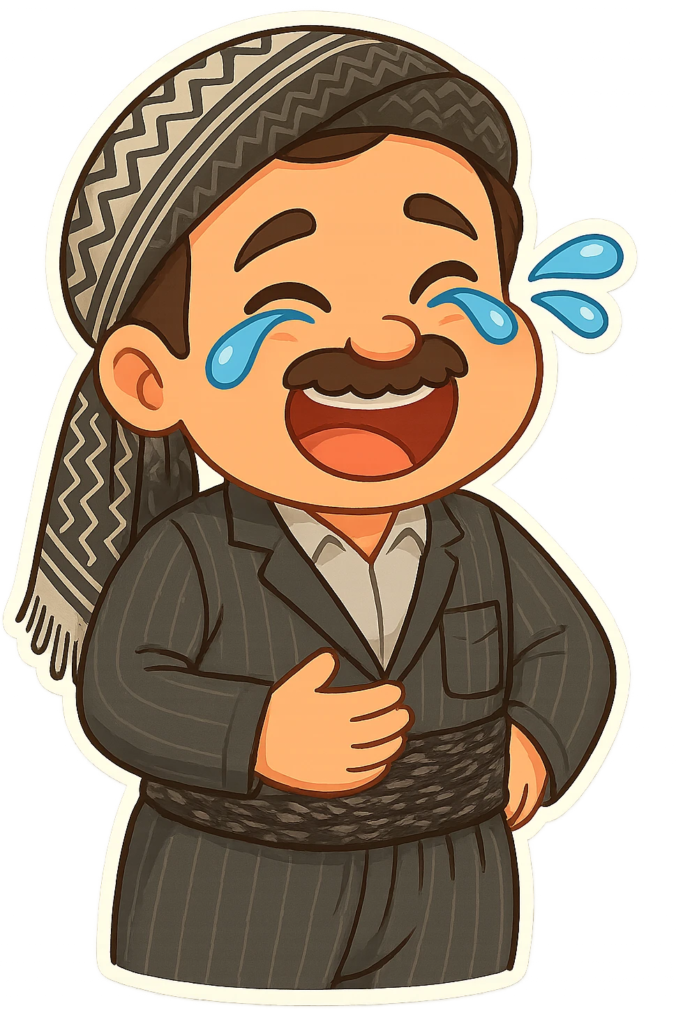 Cartoon sticker of a Kurdish man with the same clothes and scarf as the reference image, no changes to clothes or scarf, face with intense laughter and tears of joy, hand on stomach and slightly bent from laughing, colorful and cheerful, no text, suitable for WhatsApp and Instagram, transparent background. emoji