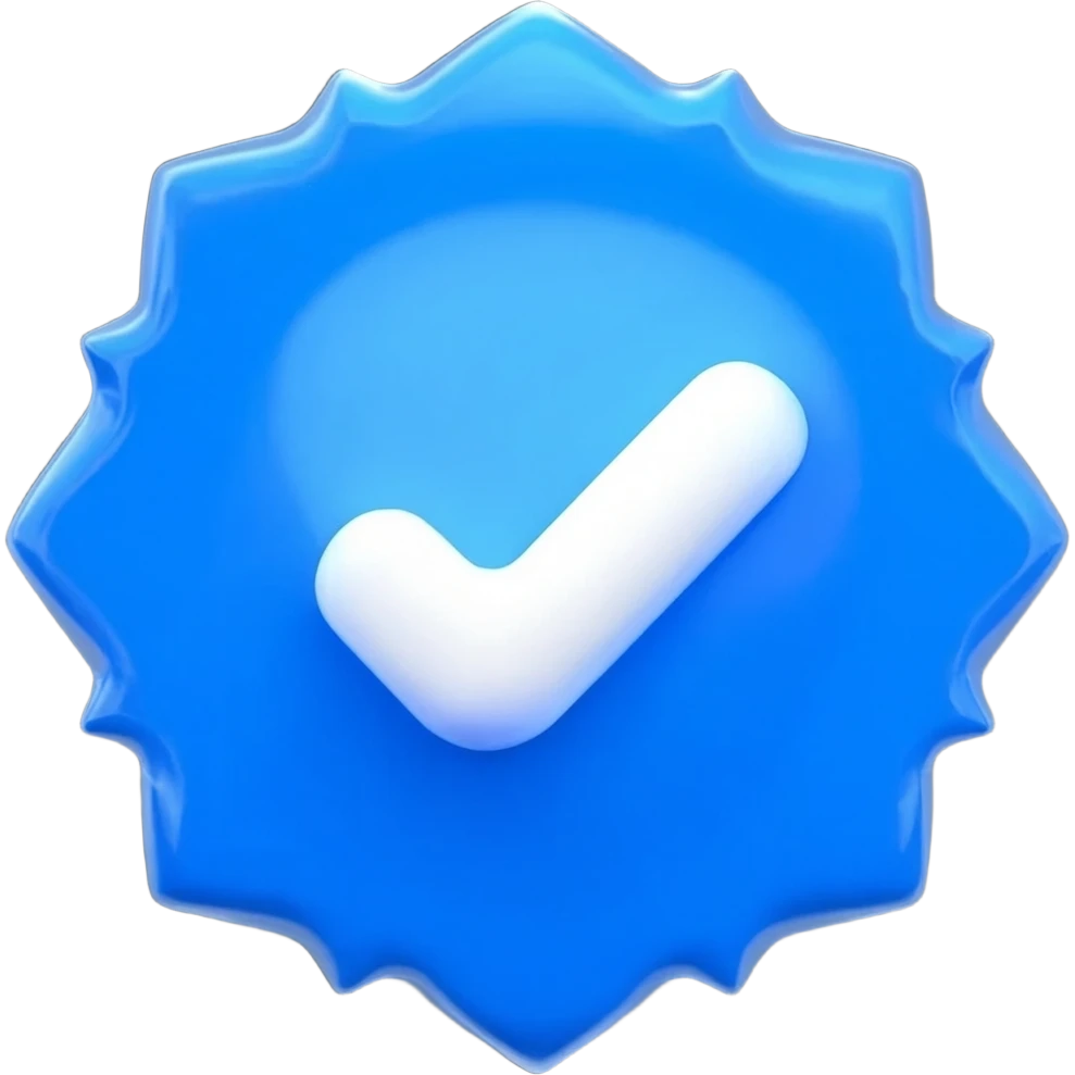 A high-resolution, clean emoji of a blue verified checkmark badge. The icon is a vibrant blue serrated circle with a white checkmark in the center, presented as a 3D glossy icon with soft lighting against a neutral, dark background.'}" emoji