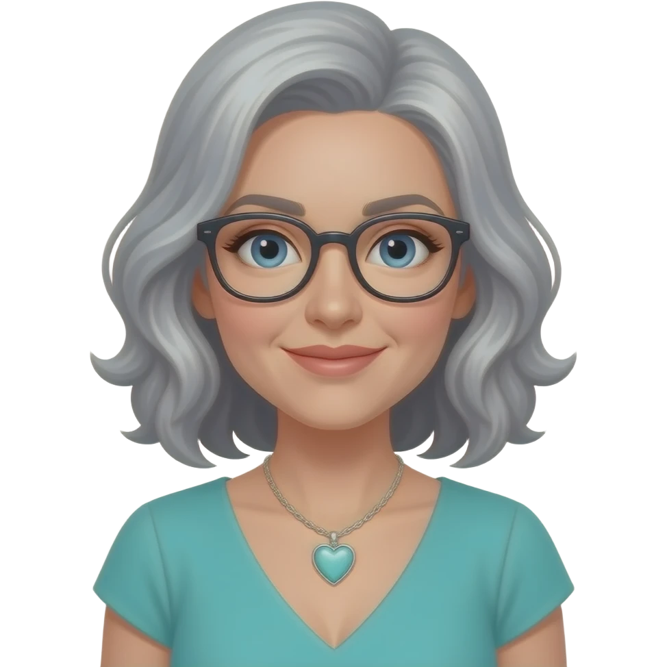 AJM - woman, glasses, greying hair shoulder length wavy hair, tiffany heart necklace,  blue eyes, teal dress, emoji