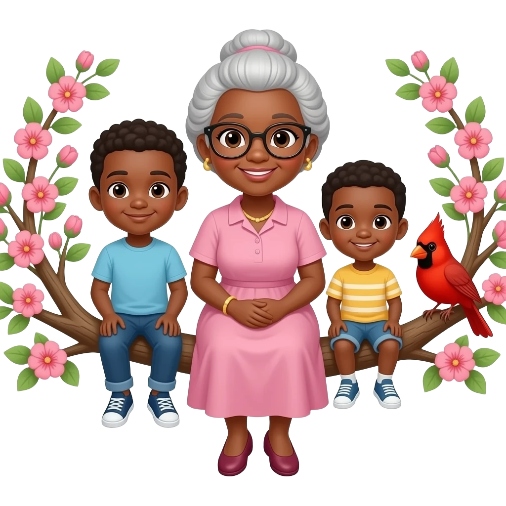 African American grandma with glasses with A tall African American boy and a short African American boy see a red cardinal sitting in a tree with pink and green flowers emoji