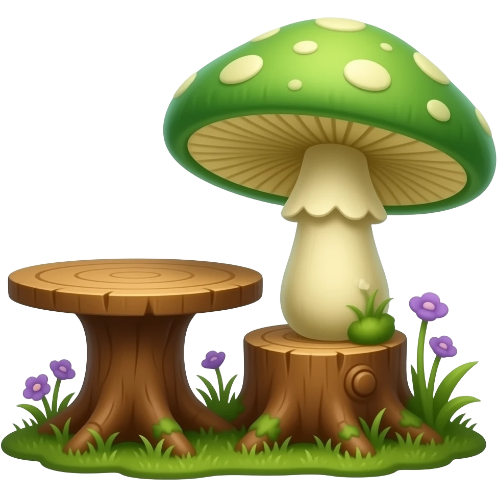 Low natural mushroom seat, simple rounded cap, shorter than the tree stump table beside it, elegant botanical fantasy, emerald green, amber, subtle violet accents. emoji