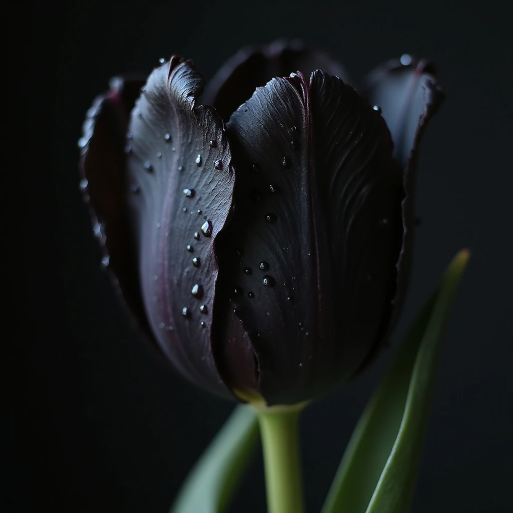 realistic goth tulip with black petals and dewdrops, photorealistic style emoji