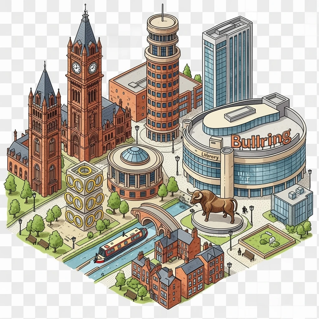 Isometric illustration of the Birmingham with iconic cities landmark, miniature slightly hand-drawn style, transparent background. emoji