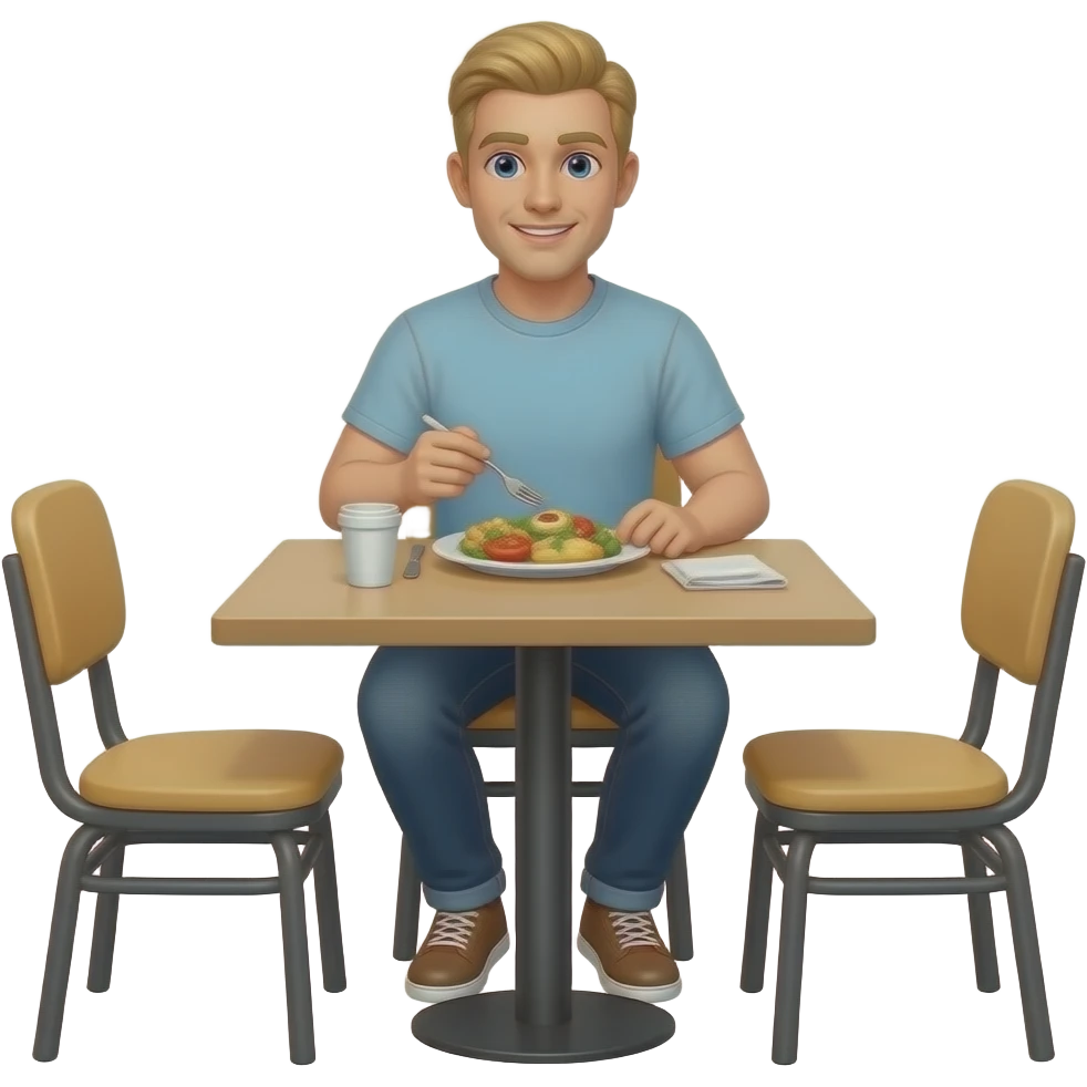 blonder man in t-shirt sitzt am restaurant tisch und isst, man sieht den ganzen tisch aber keine sessel emoji