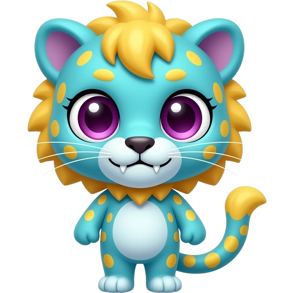 Adorable Cyan Chibi Panther with big adorable eyes, yellow spots, yellow mane, and magenta eyes, and snagletooth emoji