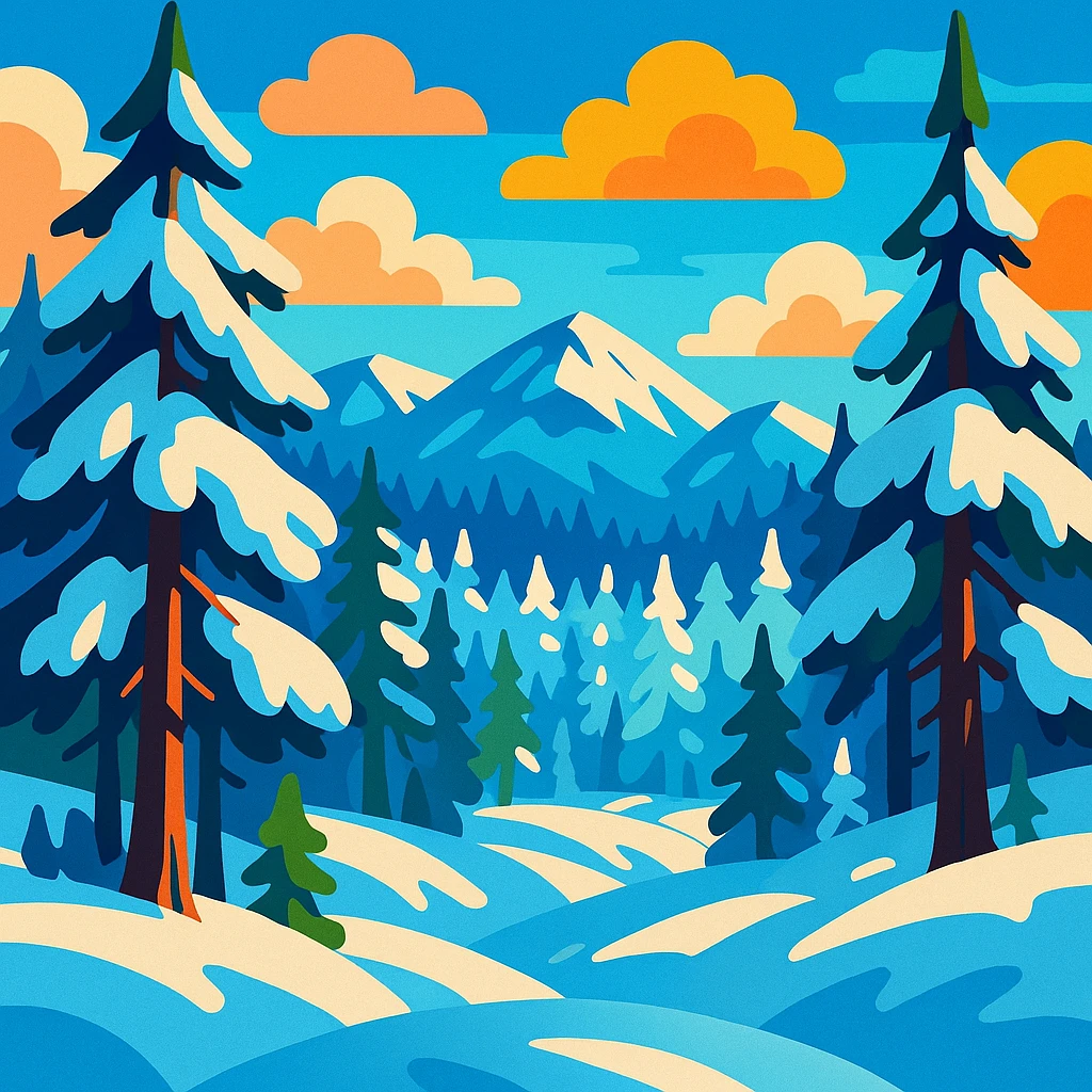 Siberia landscape, snowy forest, vibrant cartoon style emoji