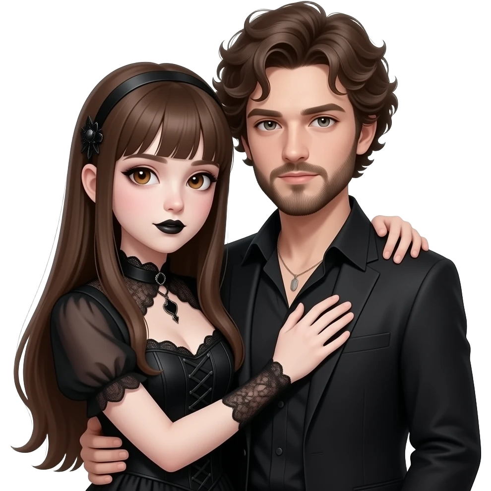 realistic pretty pale skin long straight brown hair girl brown eyes long face wearing gothic dress and gothic makeup HD and her man short brown curly hair and beard hugging emoji