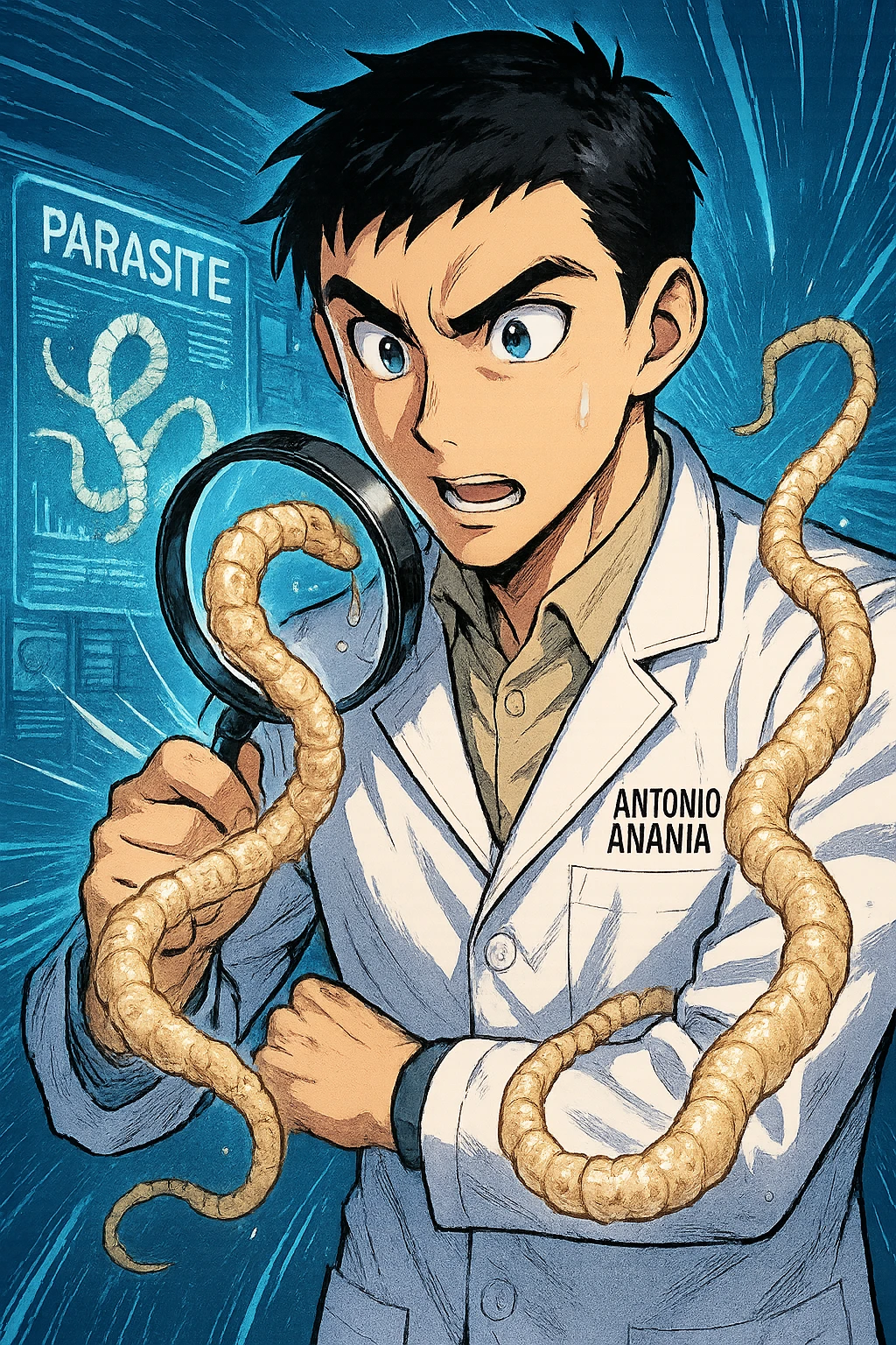 A dynamic manga/webtoon-style illustration of a young male kinesiologist wearing a clean white lab coat, analyzing light beige worms like a tapeworm under a magnifying glass. His expression is focused and slightly intrigued, with sharp, detailed eyes. The art style is vibrant, with bold linework, rich colors, and dramatic lighting. The background is a futuristic laboratory with glowing holographic screens displaying parasite data. The tapeworm is intricately drawn, slimy and segmented, with a slightly exaggerated yet realistic texture. The composition is dynamic, with motion lines or energy effects to emphasize his scientific investigation. The atmosphere is intense but not dark, keeping a balance between scientific seriousness and stylish manga aesthetics, he has "ANTONIO ANANIA" WRITTEN ON WHITE LAB COAT emoji