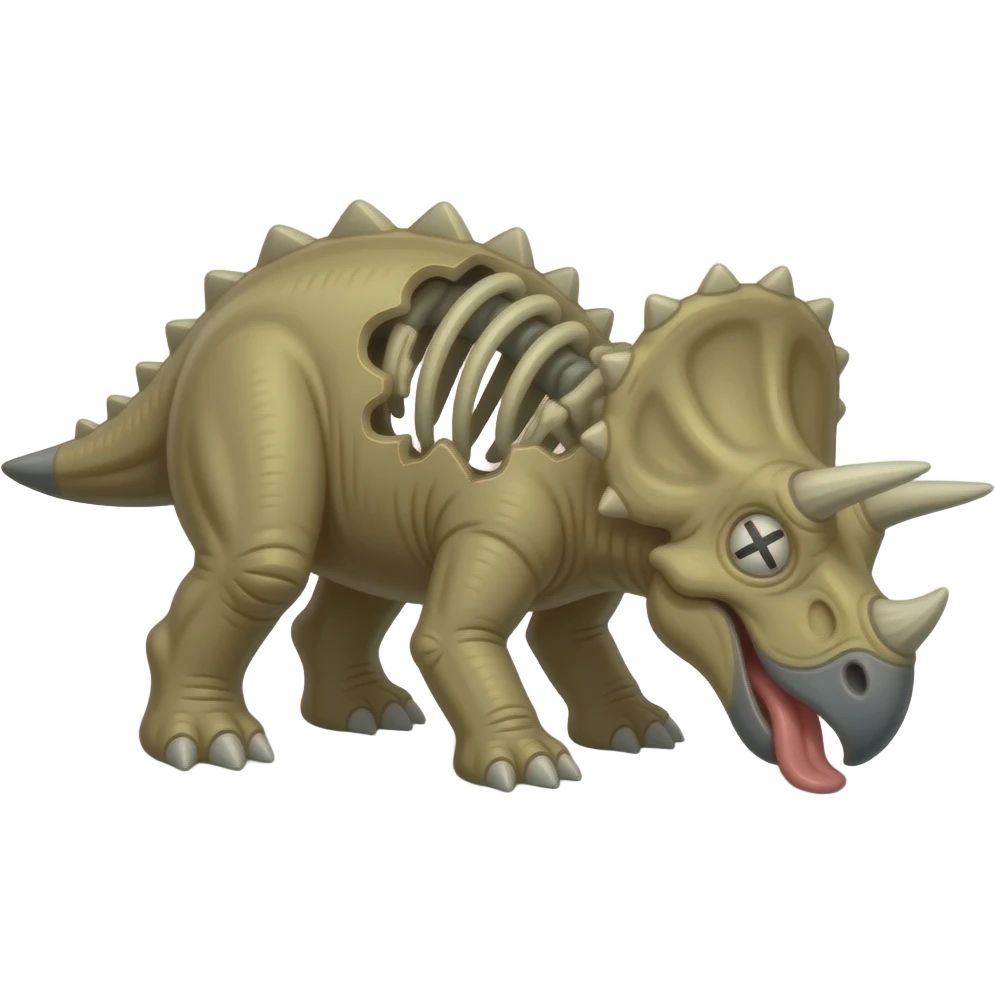 a triceratops that has fallen down.  It has been chewed up and has visible ribs and x's over its eye, with its tongue hanging out emoji