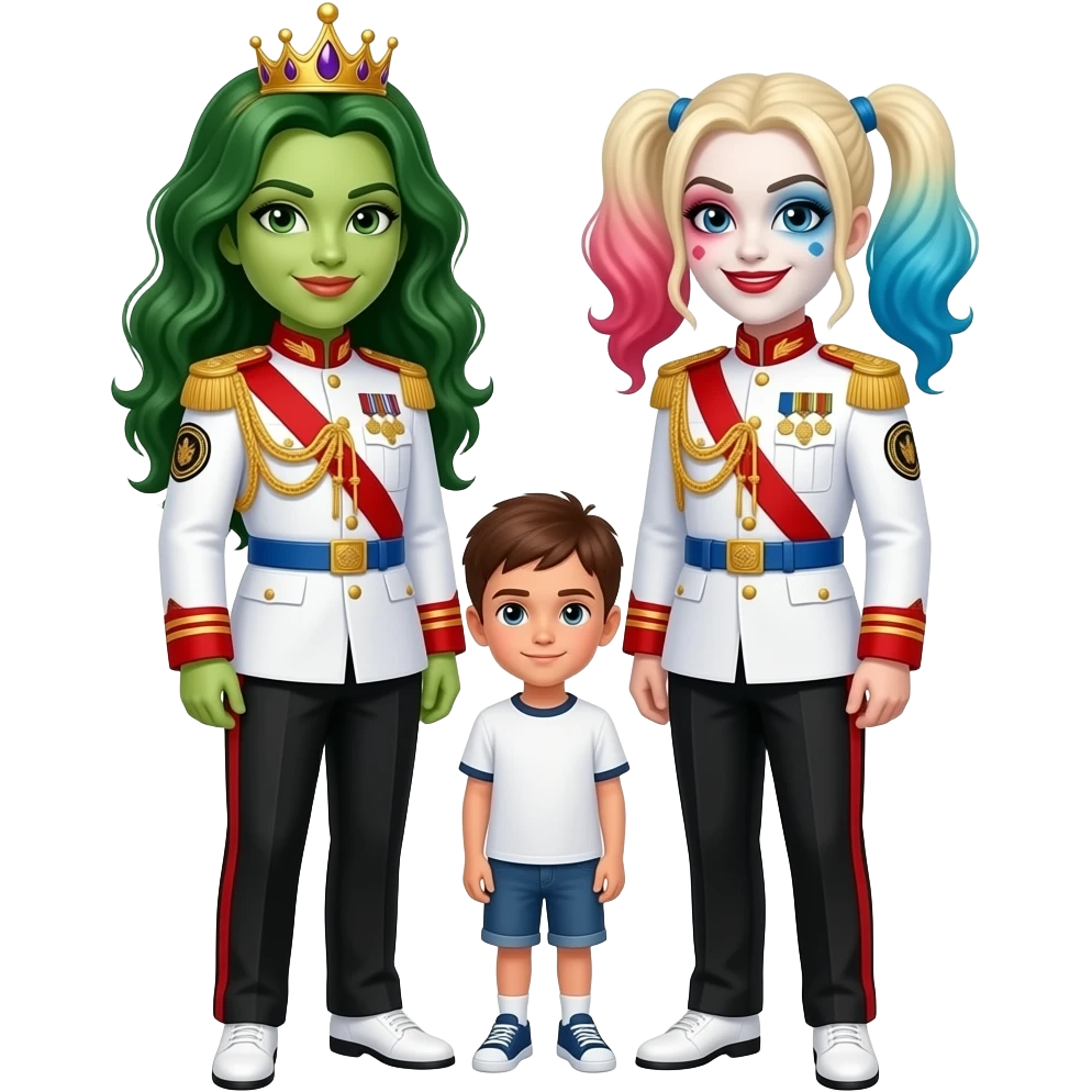 Poison ivy and harley quinn from dc are same wearing gold tiara white military tunic arm badge shoulder cord medal red sash blue belt black trouser with both side red stripe white shoes and they both love with peacefully child boy emoji