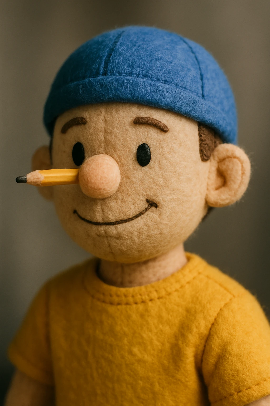 stylized portrait of a man with a blue helmet, a pencil in his nose, and a yellow shirt, simple background emoji