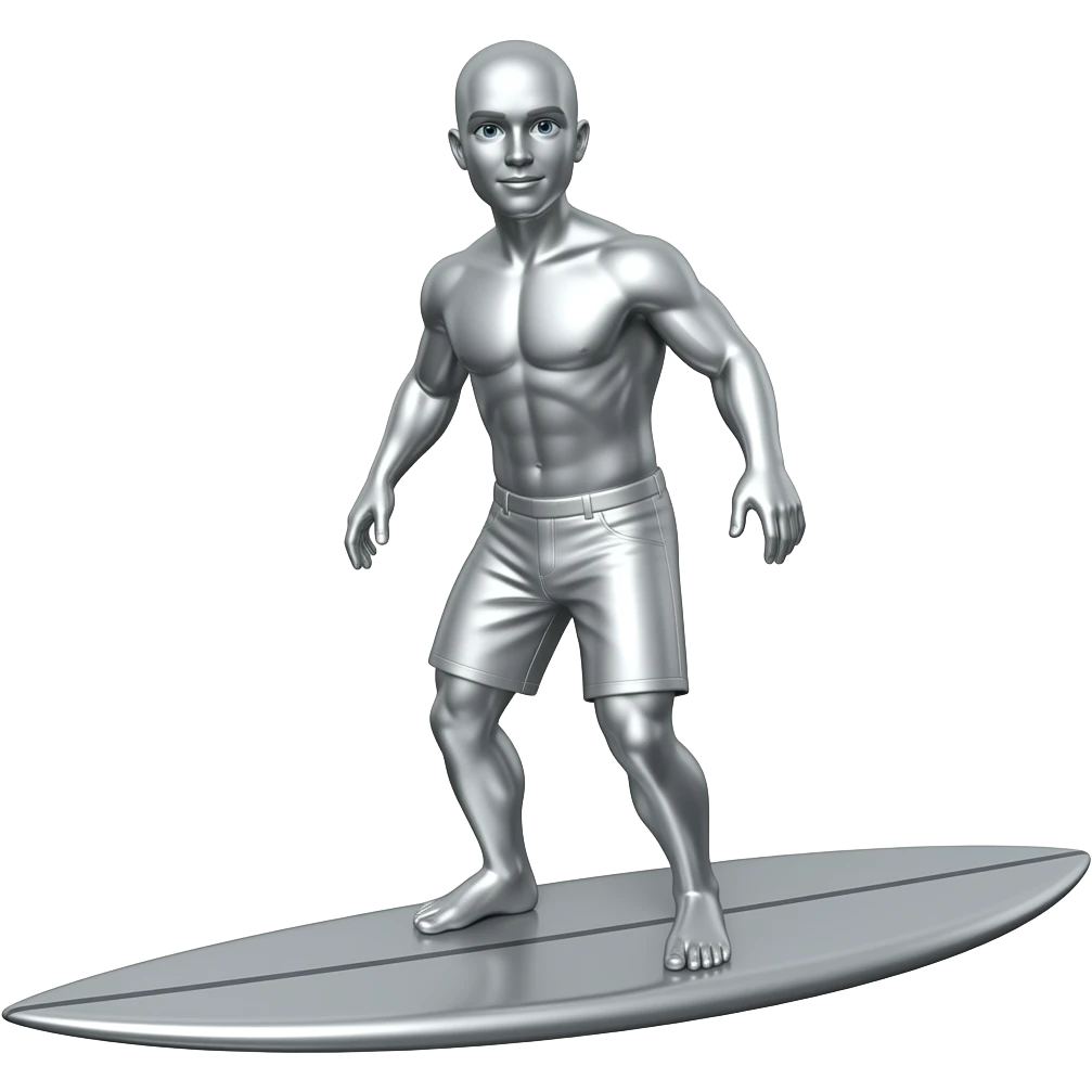 Completely silver bald man on silver surf board emoji