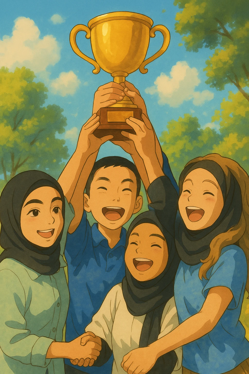 Illustrate these four students together in a warm Ghibli style, joyfully lifting a trophy. The atmosphere should be bright, cheerful, and full of happiness, capturing a moment of celebration and camaraderie. emoji