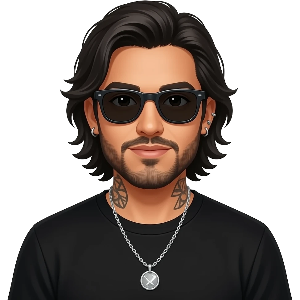 handsome, manly Latino podcast host with black colored eyes wearing black with silver jewelry, with medium length hair, a very long, lightly graying beard and tattoos, his ear and nose pierced, dark sunglasses. He feels loved emoji