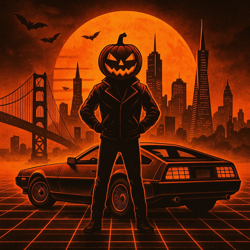Make the head of the person a halloween pumpkin, make the entire image feel like Halloween retro, make the cityscape san francisco emoji
