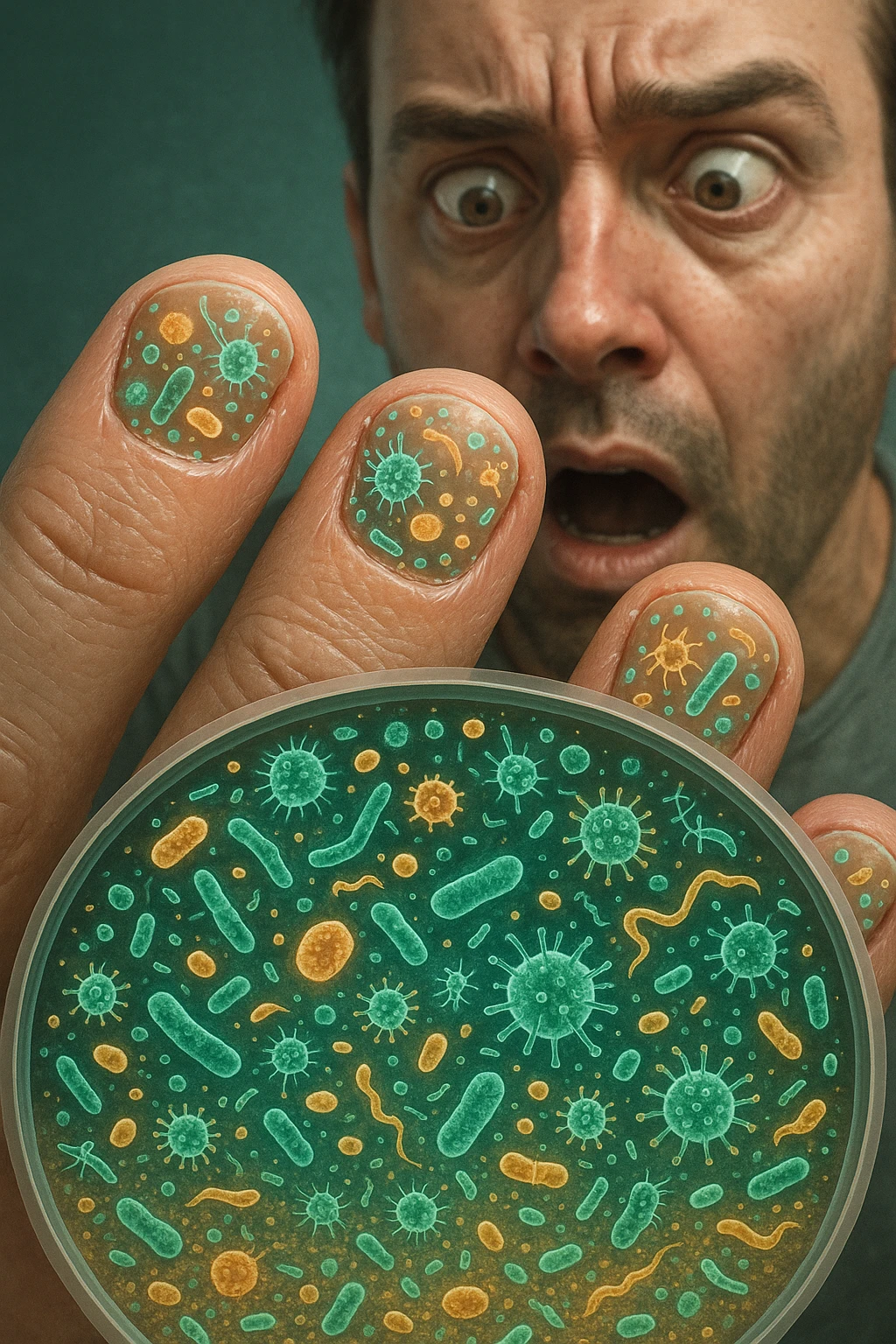 "Close-up macro shot of man's fingernails with transparent overlay showing dense colonies of bacteria, viruses, and parasites thriving in nail beds, millions of pathogens visible as glowing microscopic organisms, expression of shock as he examines his hands under magnification, nail debris containing more germs than toilet water, fingertips becoming mobile germ factories" emoji