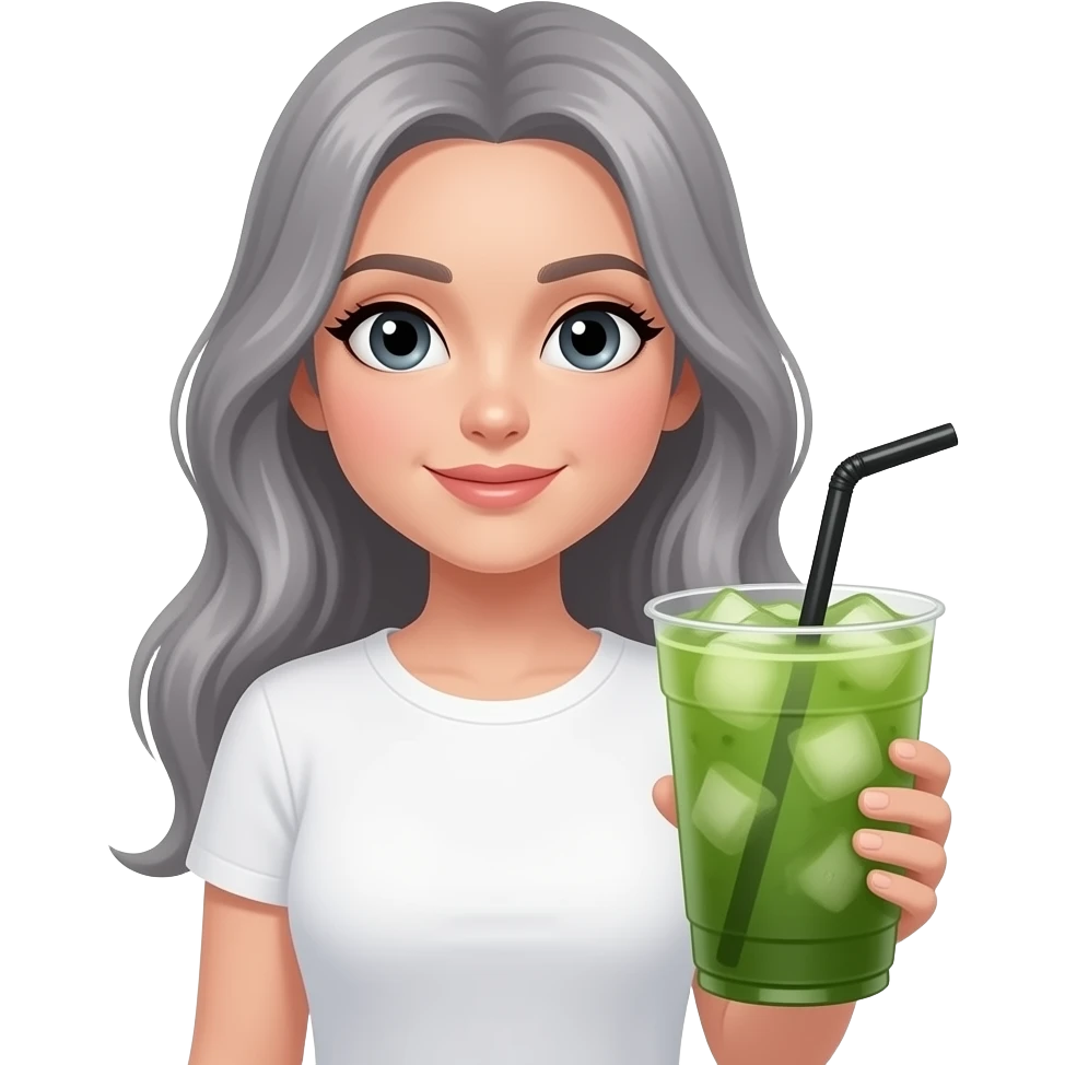 -david bellemere, -realistic, -beautifulblackeyedlady-long-gray-hair-white-tshirt-holding-large-iced matcha,-fov-90-degrees,-short-lighting,-l-usm,-cold-colors,-gilded-technique,-extremely-hyper-aesthetic,-absurdres emoji