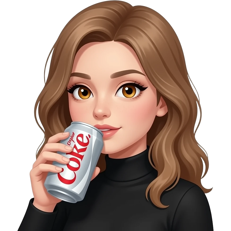girl, light brown hair, amber eyes, dark eye makeup, wearing black turtle neck, drinking a DIET COKE in the silver can emoji