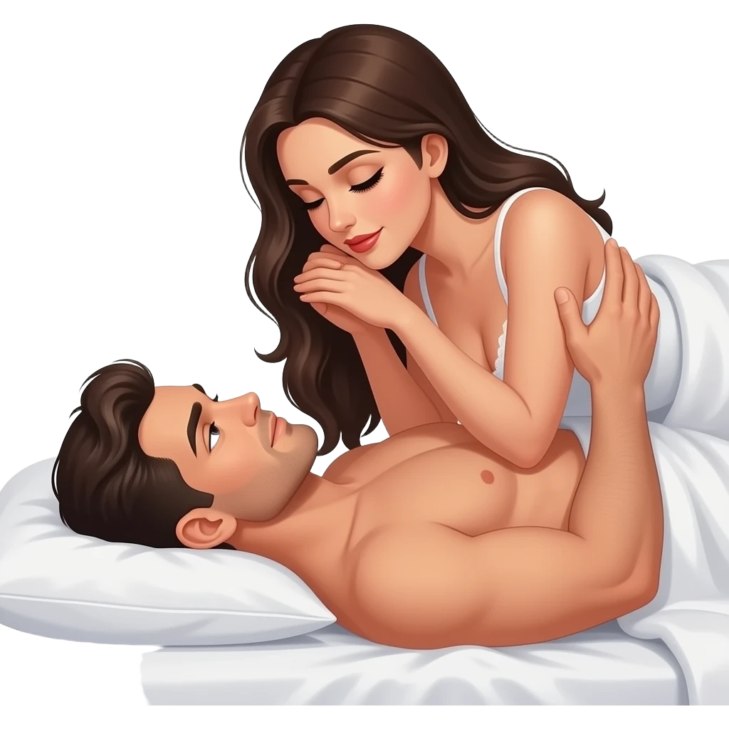 Women on top, man below her. Only feet visible of both. Showing couple intimate moments on bed. emoji