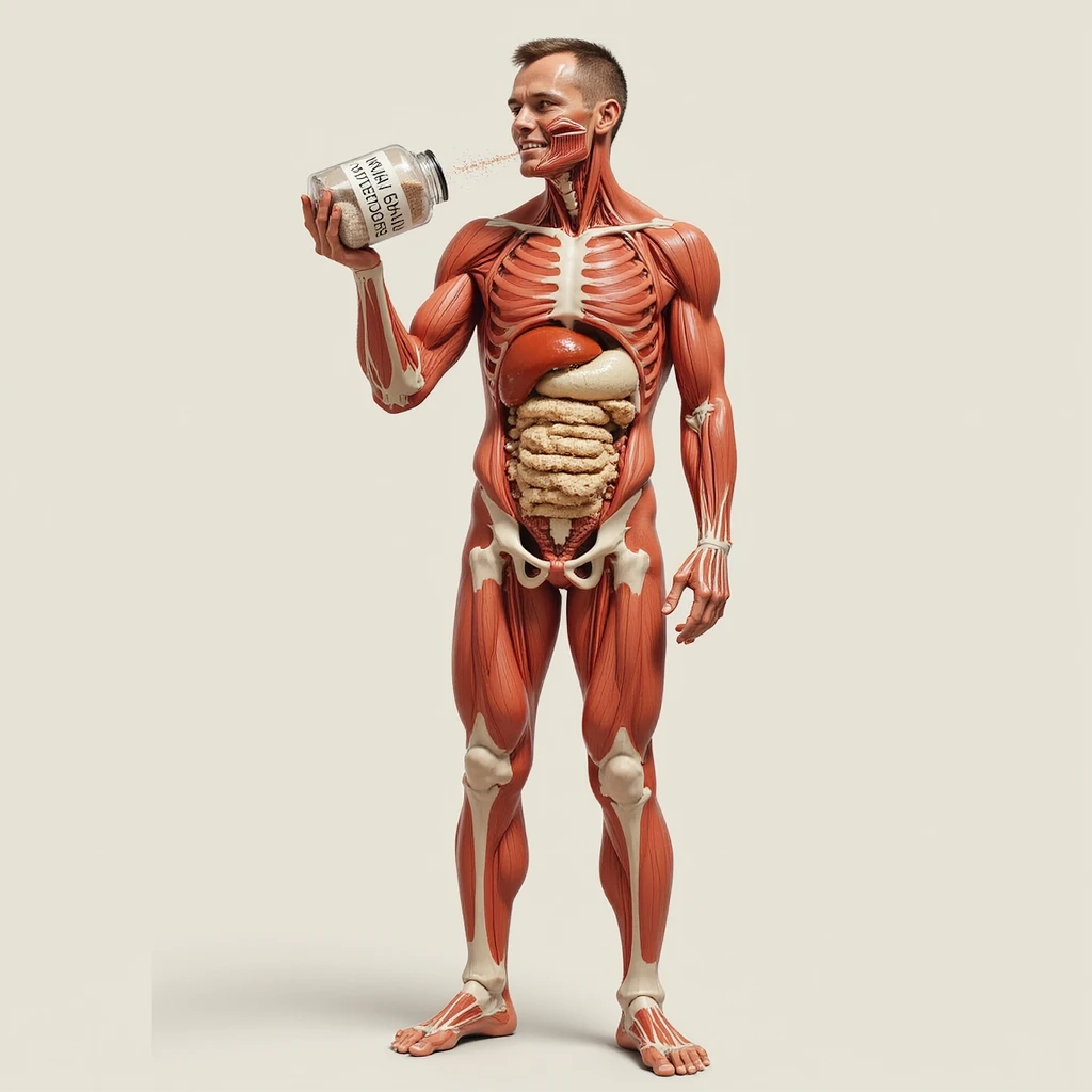 4K hyperrealistic medical illustration of a human body with accurate anatomy, holding a jar labeled 'CELTIC SALT', tossing salt into his mouth at breakfast, neutral background, very clear and detailed emoji
