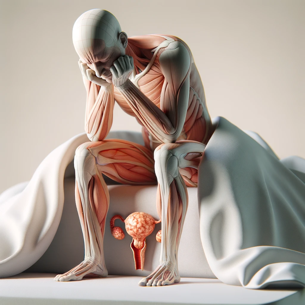 CORPO UMANO ANATOMICO SEDUTO NEL LETTO CHE NON RIESCE A DORMIRE, VESCICA ANATOMICA IN EVIDENZA, IPERREALISTICO SFONDO CHIARO NEUTRO emoji
