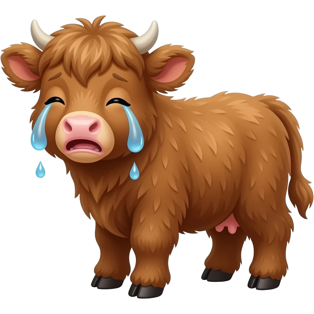 brown fluffy baby scottish cow crying with tears emoji