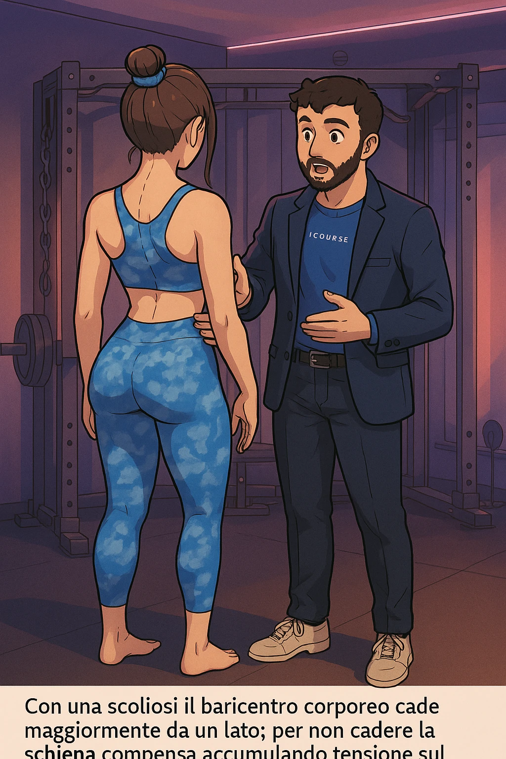 fai questa immagine in versione manga/webtoon a colori, il manga mostra la donna di spalle, mentre l'uomo le tocca la spina dorsale per spiegarle come funziona la scoliosi:
Con una scoliosi il baricentro corporeo cade maggiormente da un lato; per non cadere la schiena compensa accumulando tensione sul fianco opposto.
Il risultato? Si inclina e ruota sempre più, fino a che non cede (discopatie, artrosi, ecc) emoji