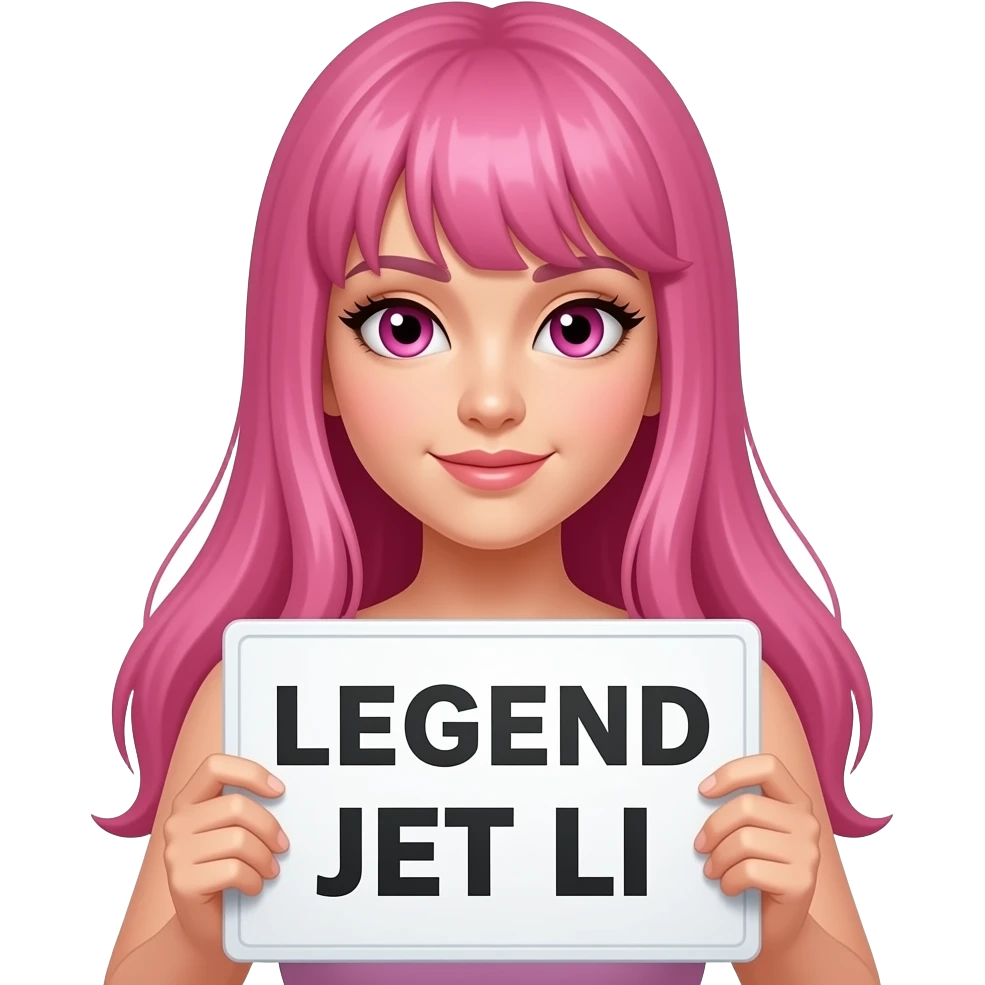 sexy girl with long pink hair and pink eyes holding LEGEND JET LI sign emoji