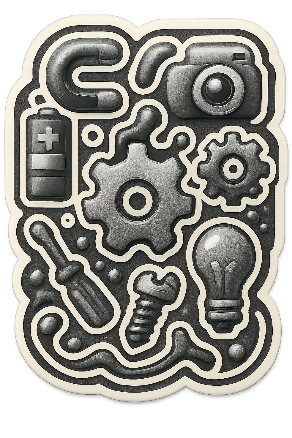 Psychedelic, chaotic card back of metal, technology, and mechanical parts in emoji style, abstract, vibrant, and entirely greyscale. emoji