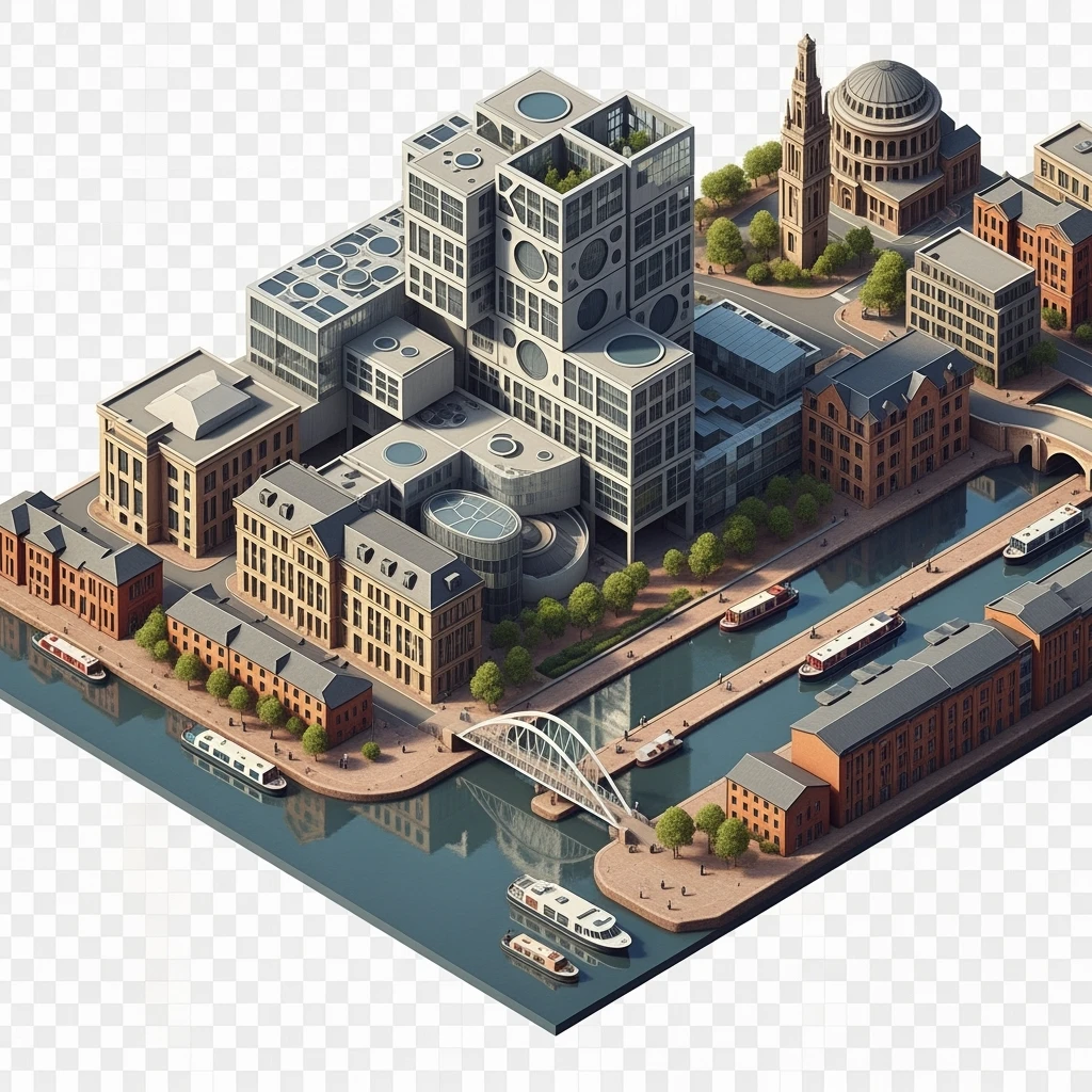 Isometric illustration of Birmingham, featuring the Library of Birmingham with its modern architecture and nearby canals, highly detailed in semi-realistic style, balanced between stylized and realistic, 3D miniature effect, transparent background. emoji