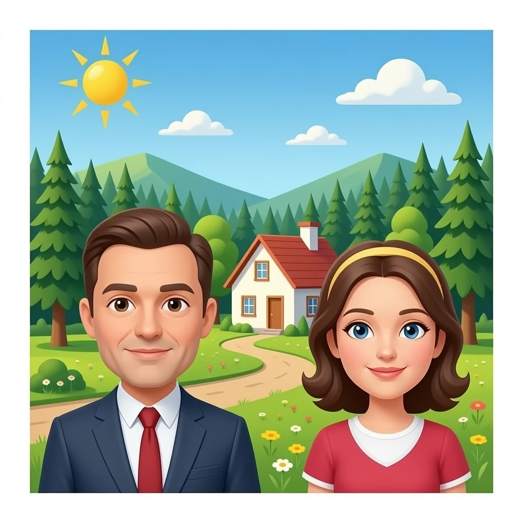 un publo con un bosque y casa de epoca 2026 con personas que sea realistas unseñor y una señota emoji