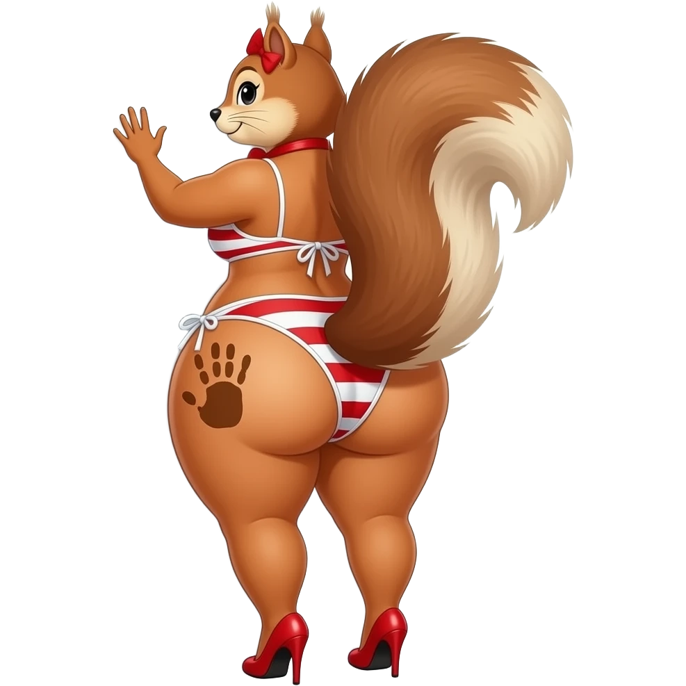 A tall really extremely fat heart shaped red and white bikini big booty bbl squirrel showing back its massively big thighs and buttocks while putting her hands behind the wall and it has a brown colored hand print on her left buttocks and it with a red bow tie on her head wearing red high heels emoji