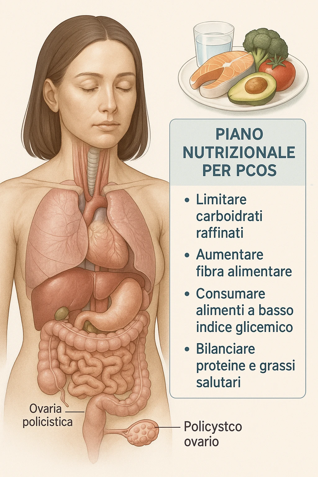 donna con un piano nutrizionale  in 3D immagine medica donna pcos in italiano  emoji
