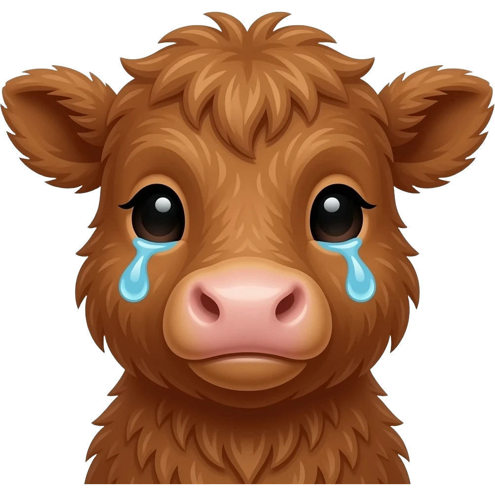brown soft fluffy baby scottish cow muzzle crying with tears emoji