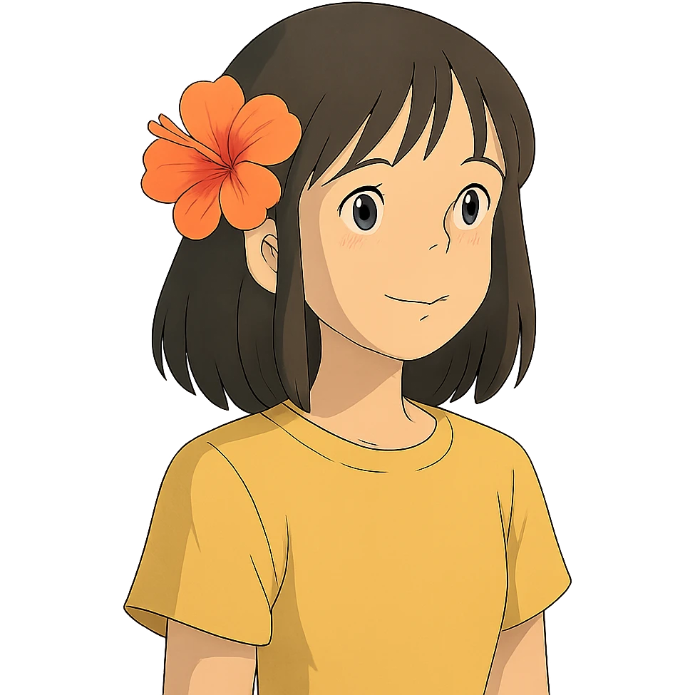 ghibli style girl with straight hair, flower in hair, summer theme emoji