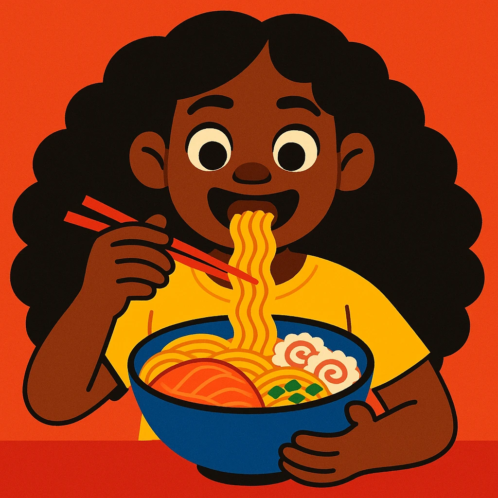 dark skin African American girl with long curly black hair, wearing a yellow shirt, eating a bowl of ramen, vibrant illustration emoji