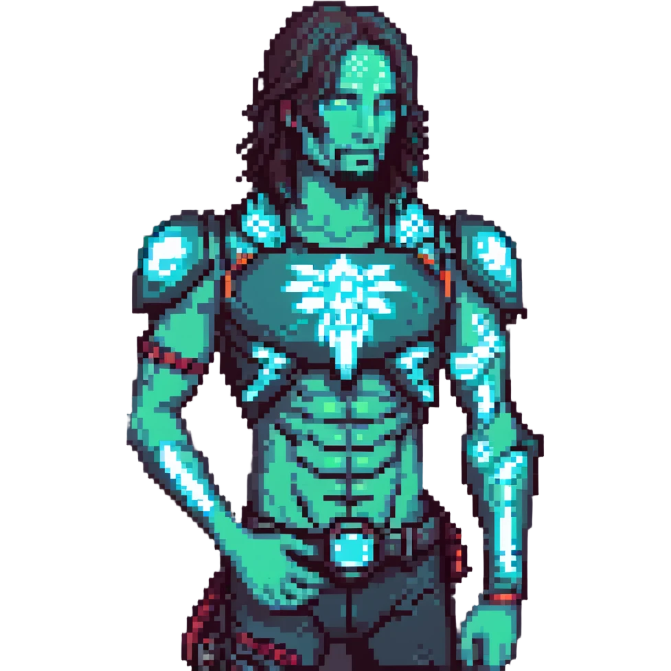 Add more cyberpunk details to Johnny Silverhand: glowing neon tattoos, cybernetic enhancements, holographic elements, and a futuristic cityscape background, keep the pixel art style, with no background. emoji