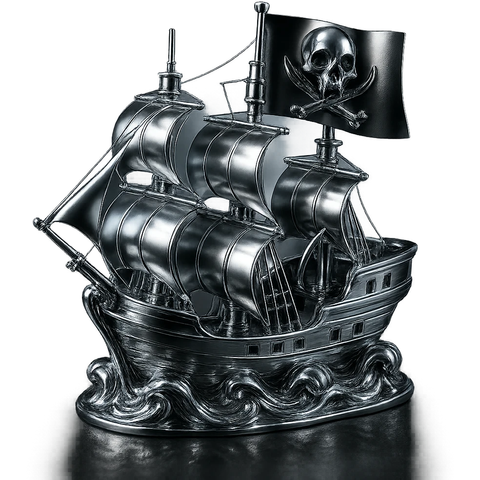 Edit the flag to feature an emblem that closely resembles the provided skull and crossed bones: a realistic animal skull with open mouth and two curved bones crossing behind it, in a chrome style. Maintain the stormy chrome pirate ship scene. emoji