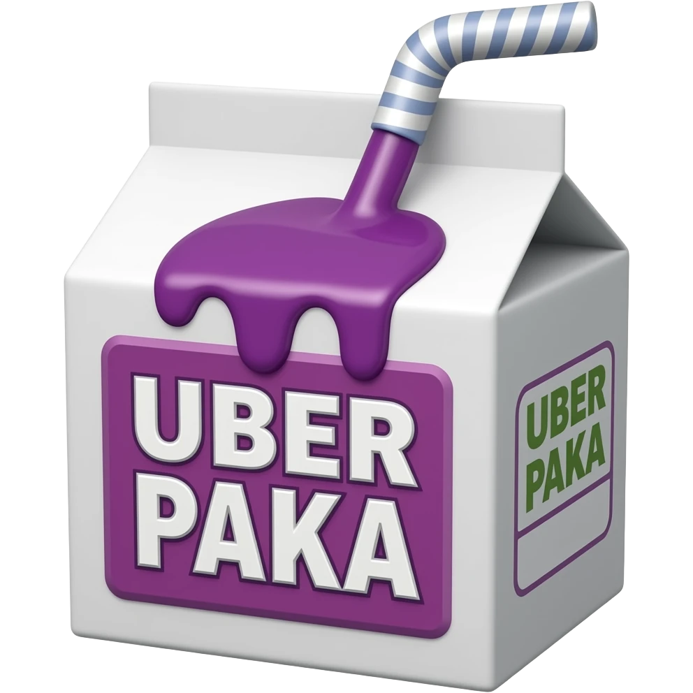 a box from which purple syrup is poured, with a large and legible inscription "UBER PAKA" on the front emoji