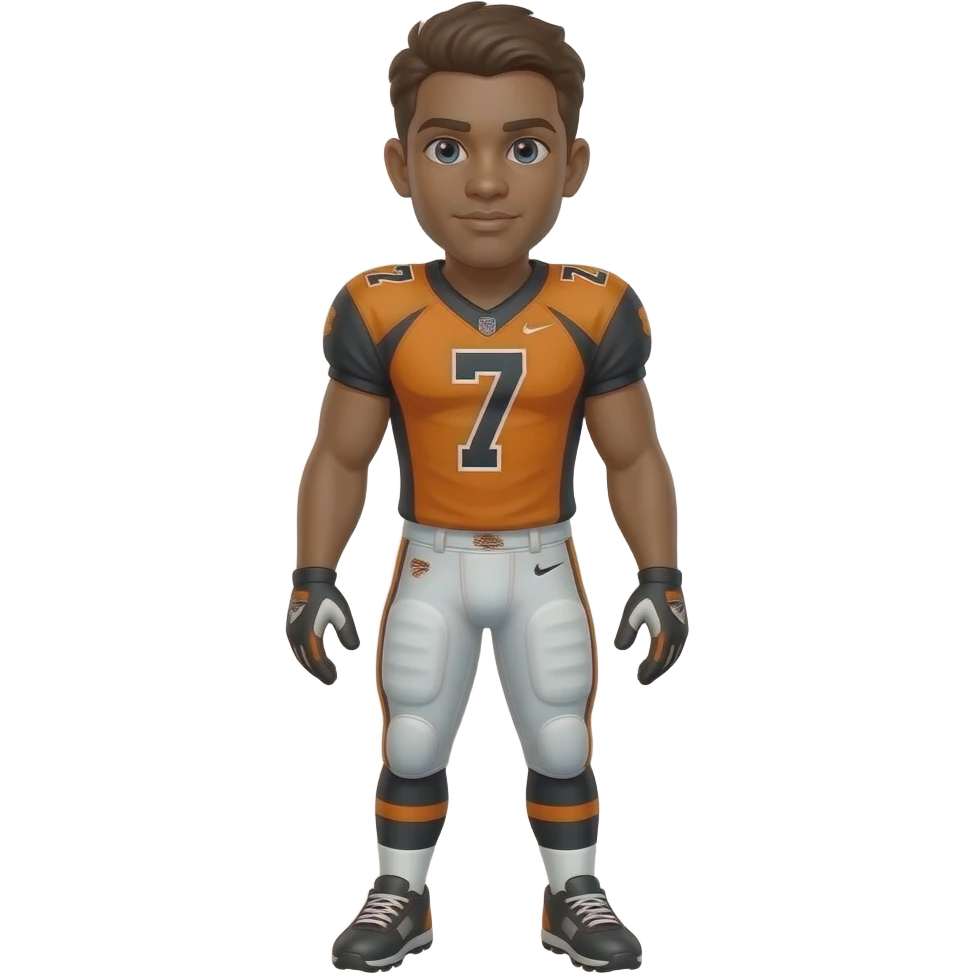 Make me an American football player wearing the number 7, on the jersey have it orange and black. Make it brown hair and the skin color tan. And make the football player turned around emoji