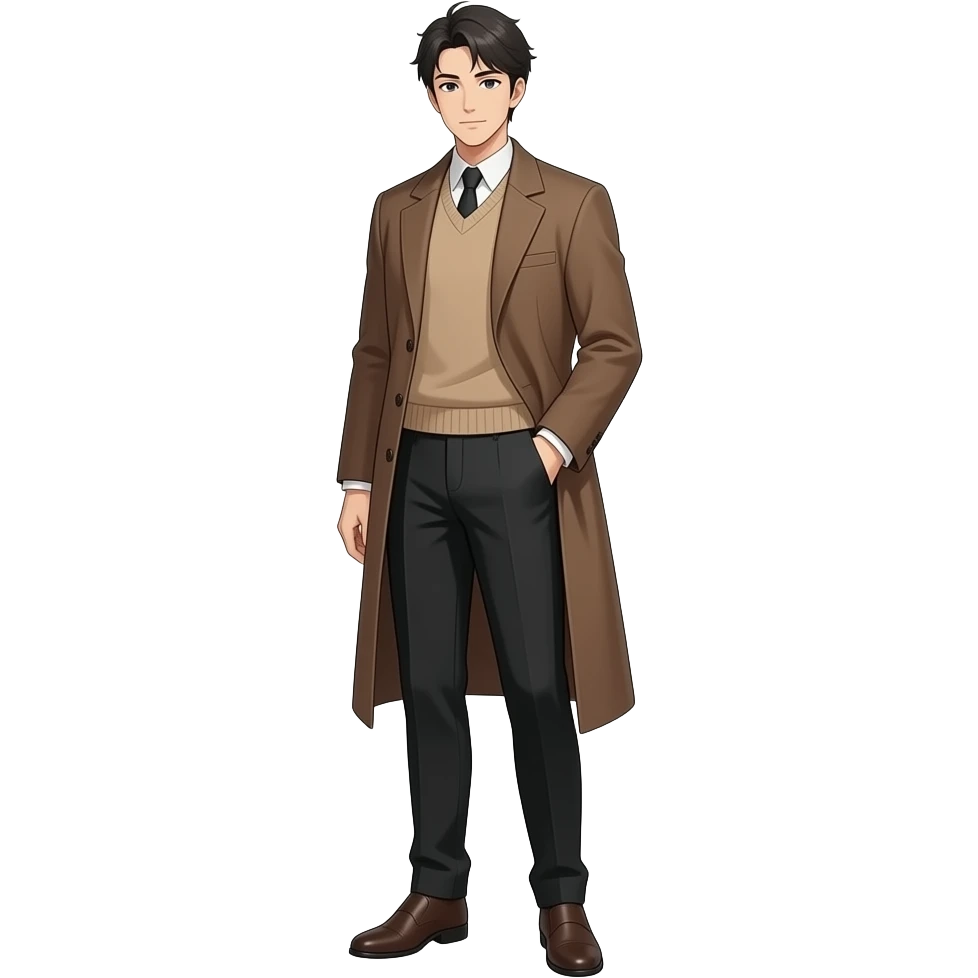 Anime male detective brown dress coat and black dress pants and beige dress sweater very tall full body emoji