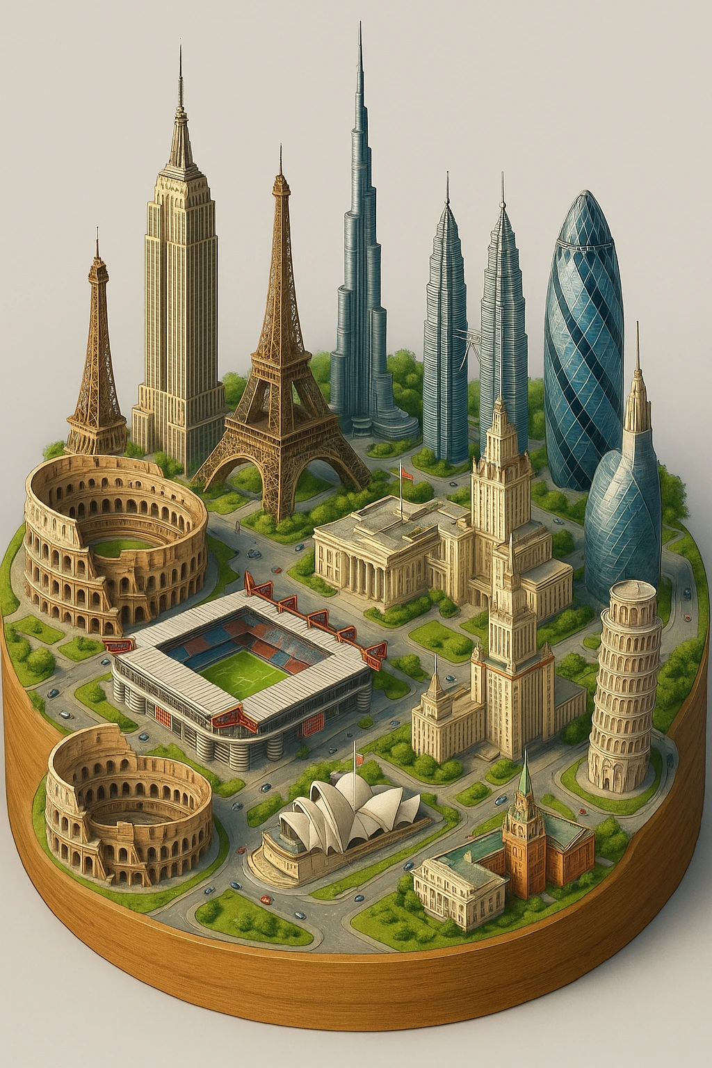 Оставь основу картинки - деревянную подставку, но при этом сгенерируй изометричная, яркая, детализированная и фотореалистичная иллюстрация где будет самые узнаваемые здания мира Эмпайр Стейт Билдинг, Эйфелева башня, Колизей, Сиднейская опера, стадион Сан-Сиро, Белый Дом Пизанская башня, здание МГУ, Бурдж-Халифа, Башни Петронас, Небоскрёб Фостера в Лондоне, Рейхстаг, Тайбэй emoji