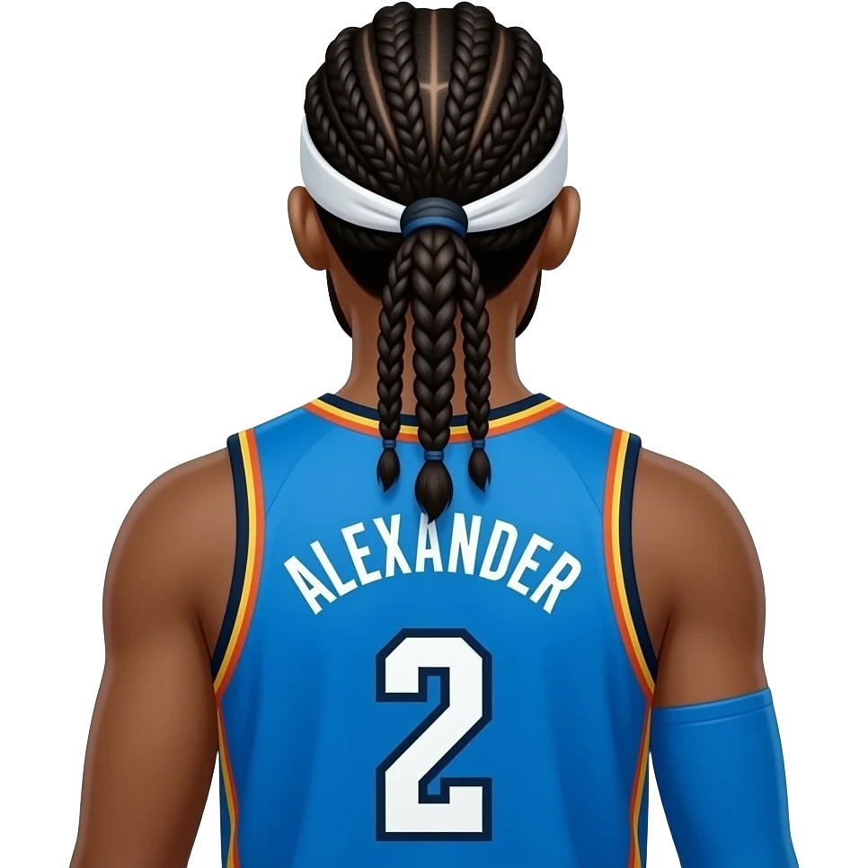 just make it sga from okc thunder from the back with his braids and a headband also with only the number 2 on the back and his name above the number make the last name say Alexander and make it bubble braids make him in a okc jersey remove the braids in a pony tail in the middle emoji
