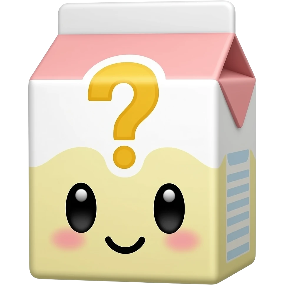 Kawaii juice box with an inquisitive look and a question mark emoji