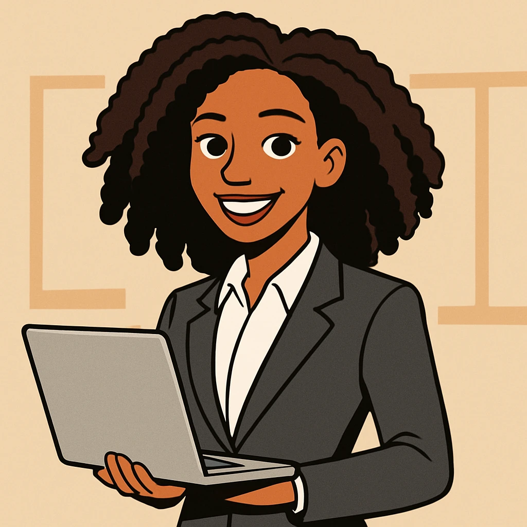Convert this image to a cartoon style with a confident, successful CEO vibe. The girl should have slightly longer hair and lighter skin tone, maintaining her confident expression and professional appearance. emoji