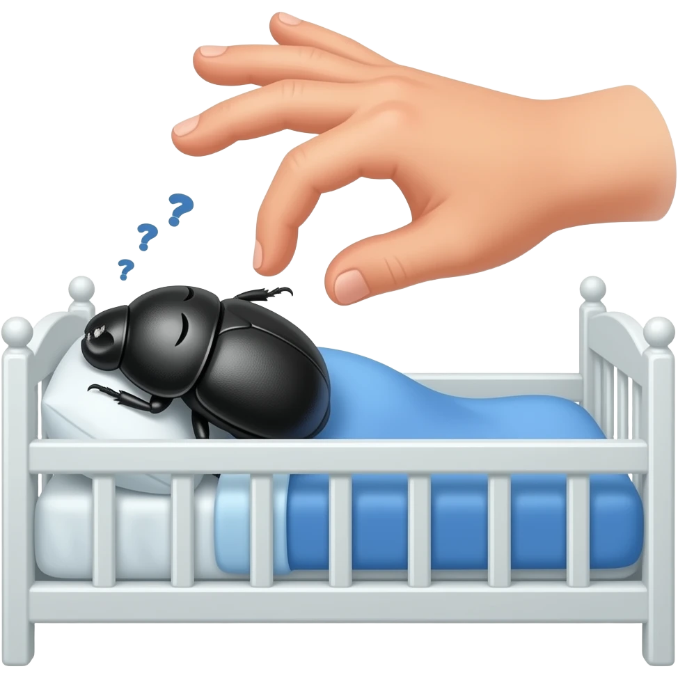 Жук спит в кроватке и ему снится сон, как он кусает человека emoji