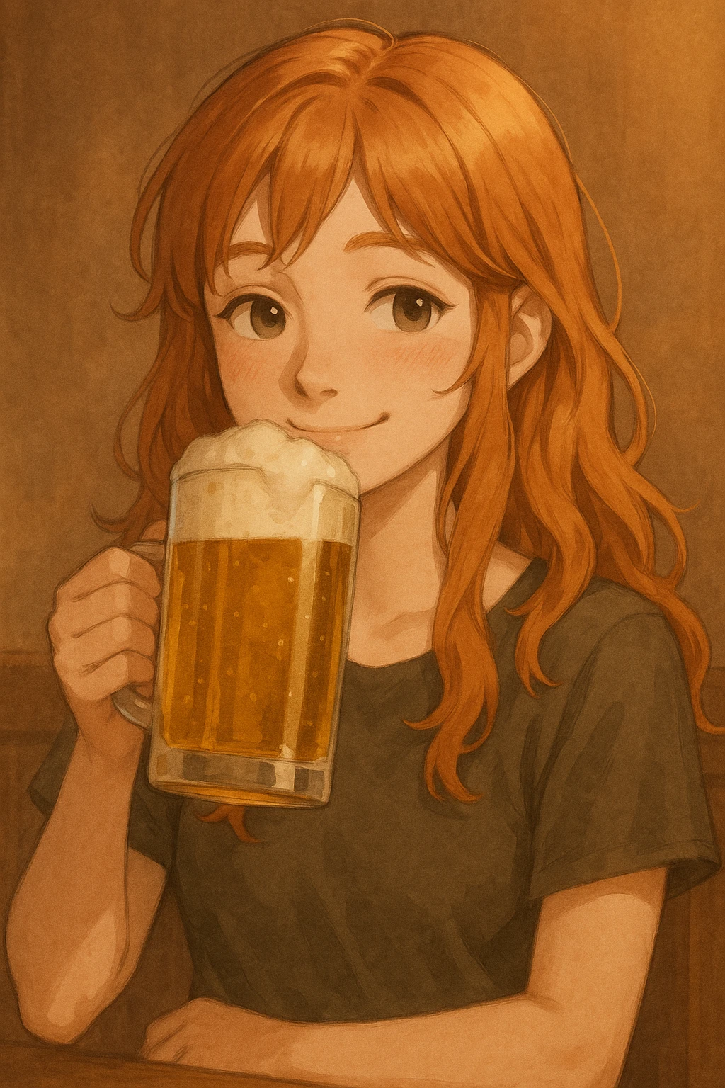 ginger-haired girl drinking beer, smiling, semi-realistic style, soft shading emoji